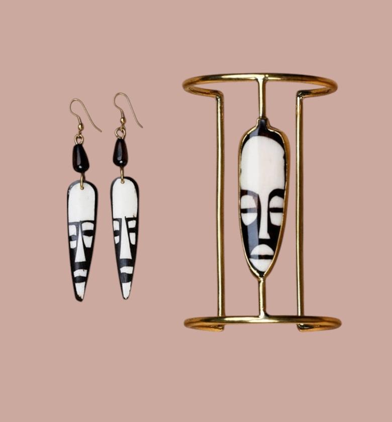 Mask Brass Earring & Bracelet image
