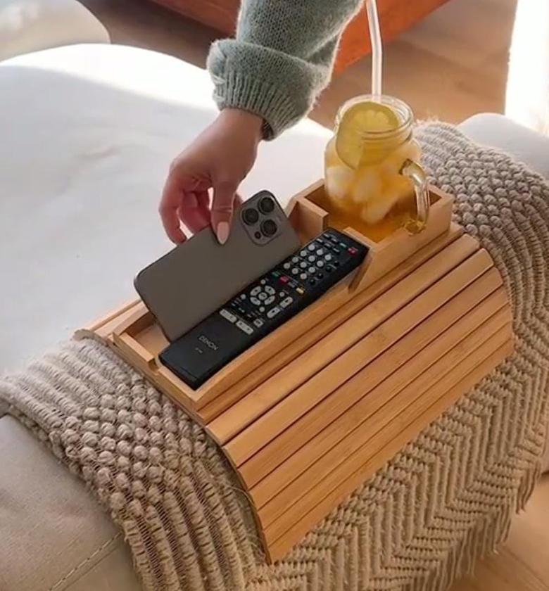 Bamboo sofa arm rest organizer. image