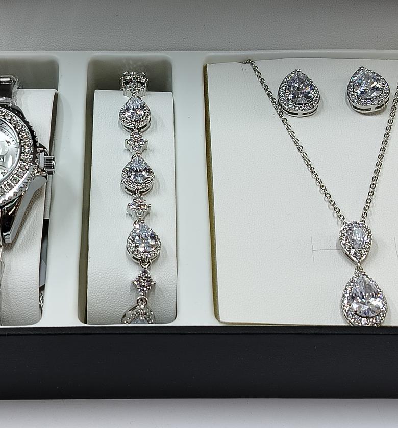 White watch, silver jewelry gift set image