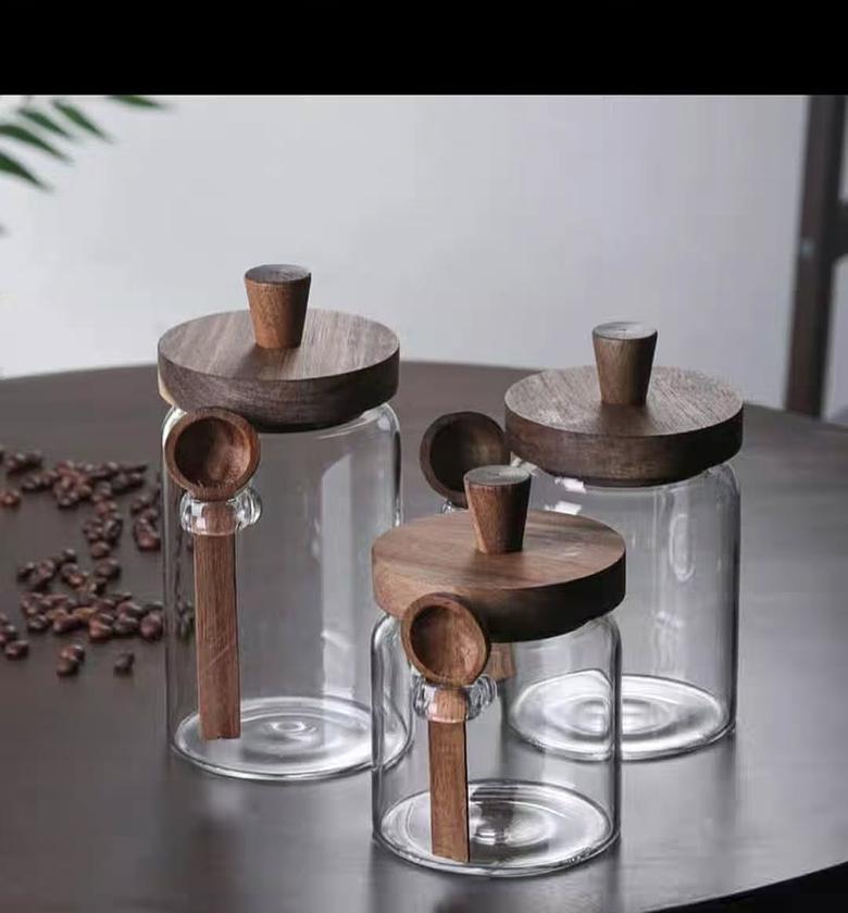 Multi-Purpose Modern Glass Storage Jars with Acacia Wood Lid & Spoon image