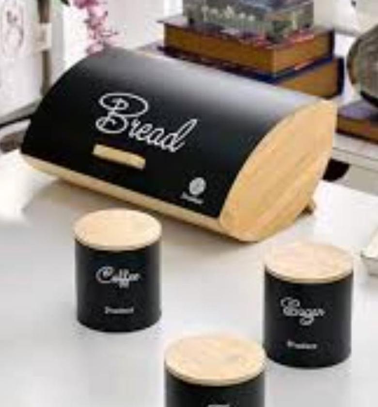  hemisphere bamboo bread bin plus 3x600ml coffee sugar tea canisters bamboo lid image