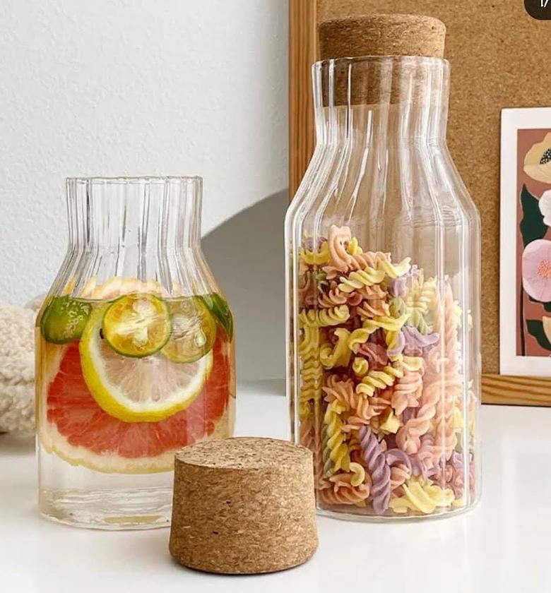 Ribbed glass bottle/pitcher with wooden cork lid image