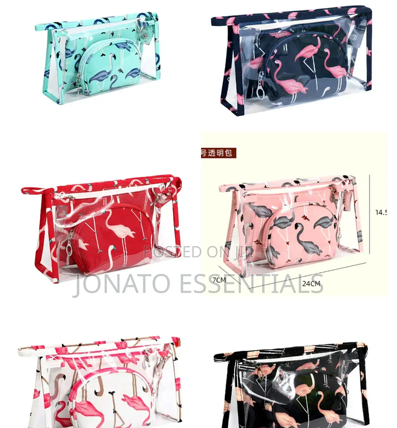 3-in-1 Transparent Flamingo Travel Makeup Bag Set image