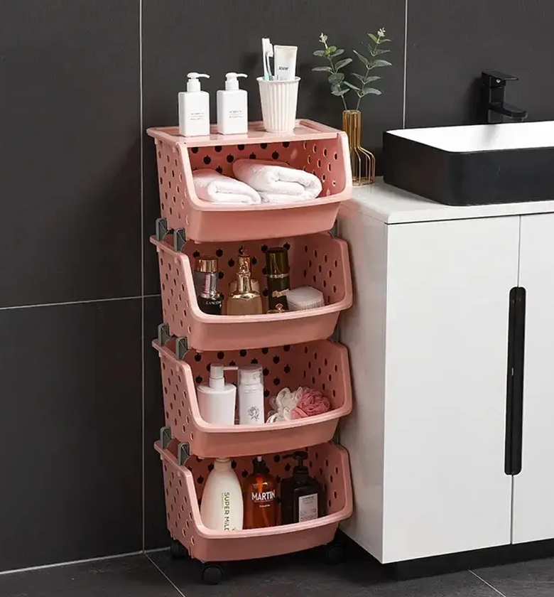 4-Layer Vegetable & Organizing Rack with Wheels – Pink & White image