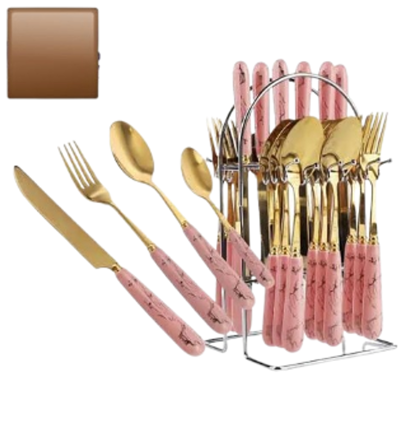  Spoons. 24-Piece Gold Stainless Steel Flatware Set with Pink/Green Ceramic Handles and Storage Stand.  image