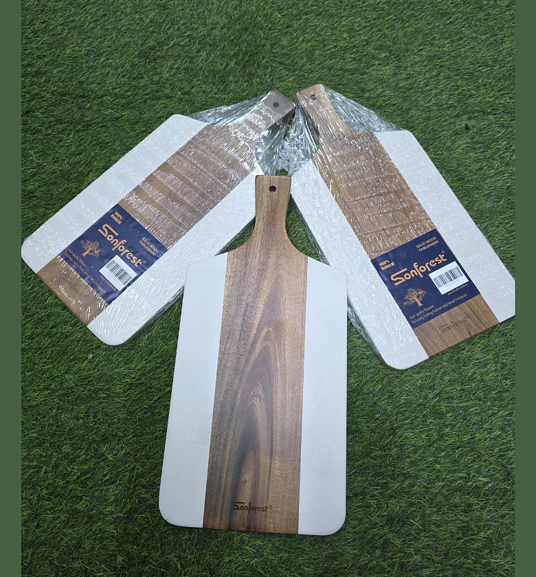 Premium Acacia Wood and Natural Marble Stitched Rectangular Cutting Board image