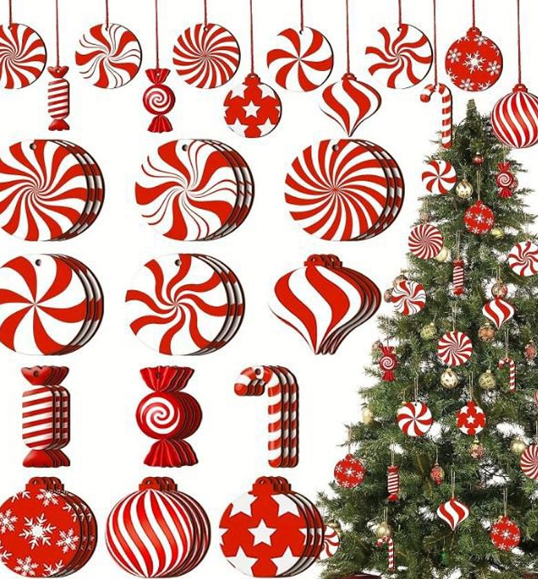 12pcs Wooden red canes and Candy Christmas Tree Ornaments image