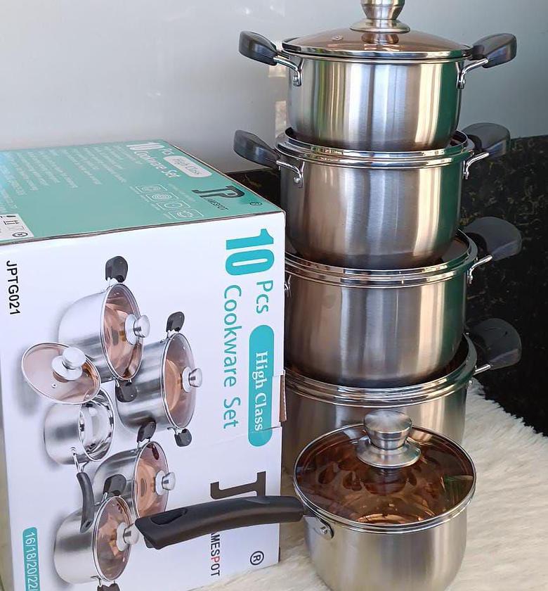 JP 10pcs premium quality stainless steel cookware sets pot sufuria with glass lids image