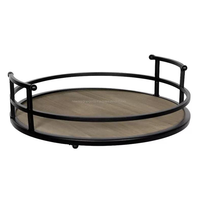 Home Decor Rustic Modern Metal and Wood Round Counter Tray. image
