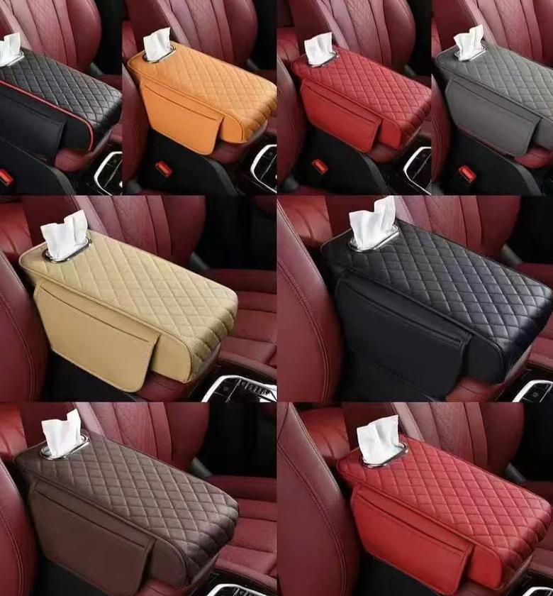 Car armrest with tissue storage and side storage. image