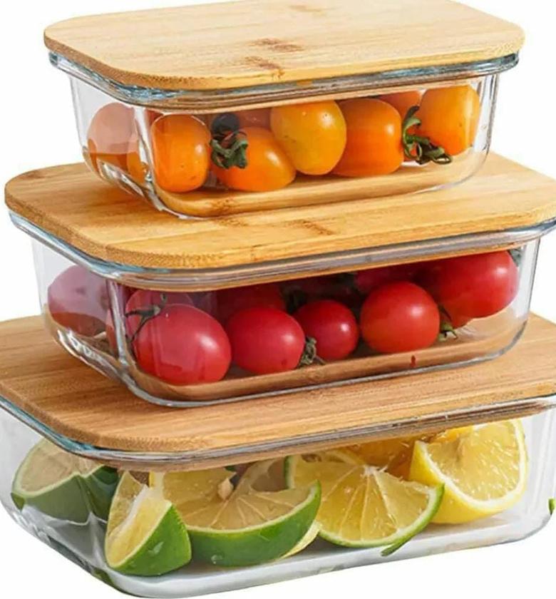3pcs glass bowl storage containers with bamboo lid image