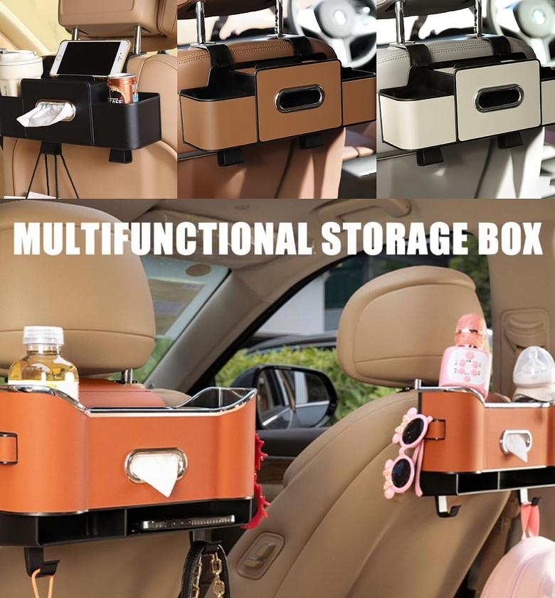 3-in-1 Premium Leather Car Seat Back Storage Box & Tissue Holder Organizer - Universal Fit image
