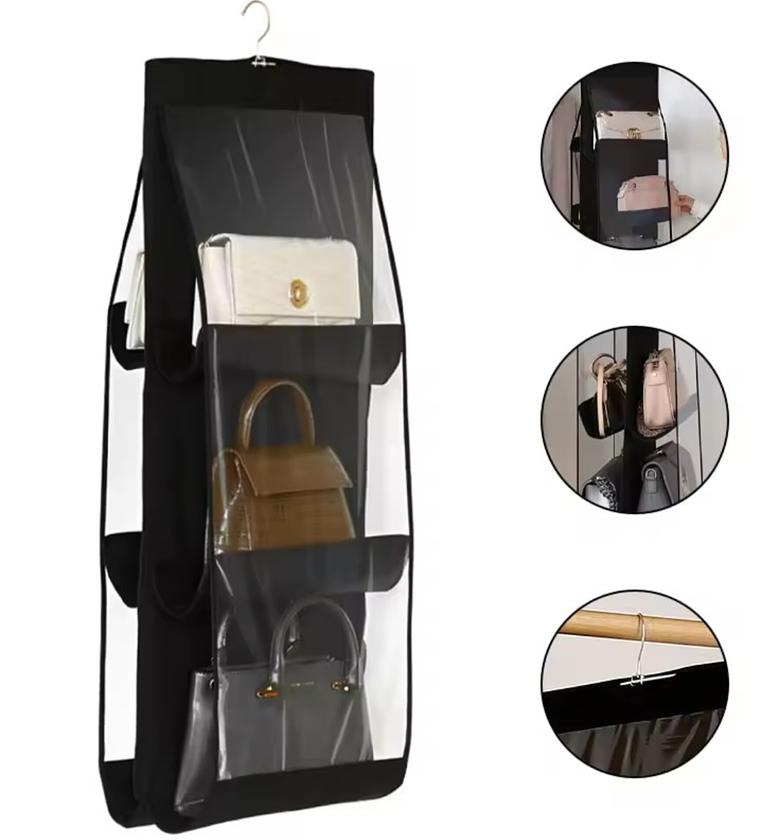 6-Pocket Hanging Handbag Organizer & Wardrobe Space Saver - Clear Dust-Proof Bag Storage Holder image