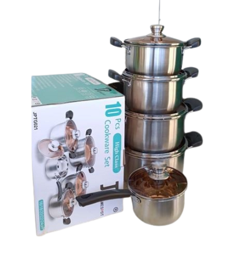 Cookware Set. JP 10pcs Premium Quality Stainless Steel Cookware Sets Pot Sufuria With Glass Lids image