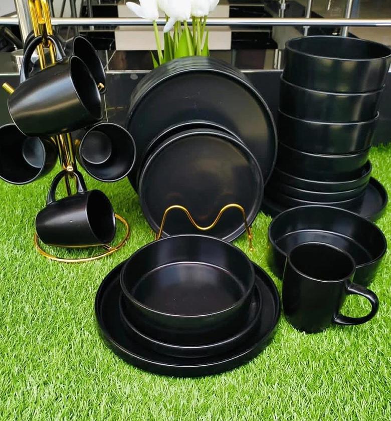 Sleek Matte Black Ceramic 24-Piece Dinner Set image
