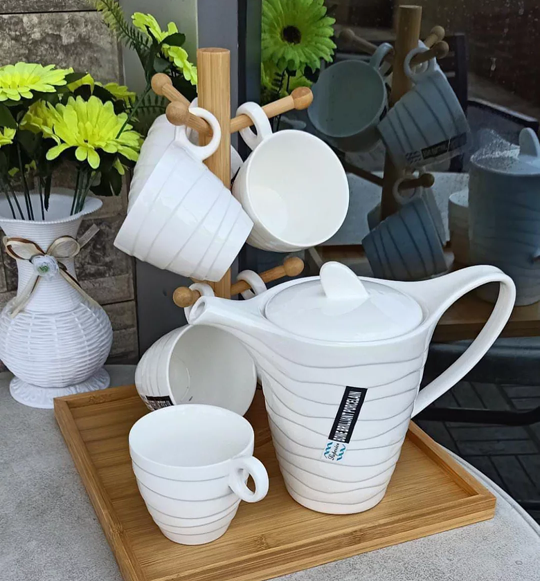 Fine Porcelain Tea Set with Kettle and Bamboo Mug Tree image