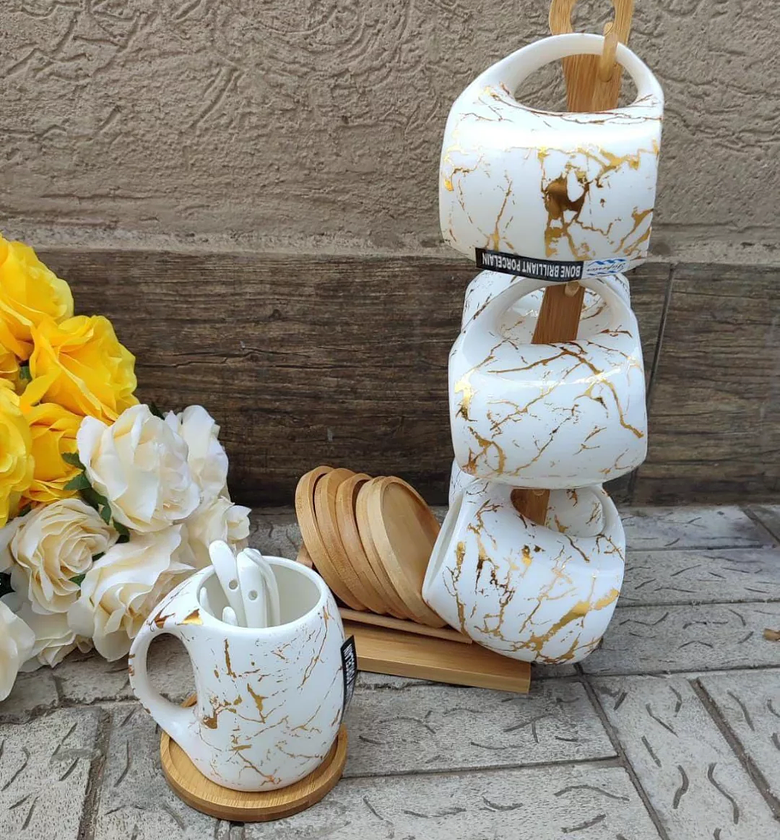 Classy Gold-Veined Marble Cup & Saucer Set with Bamboo Organizer image