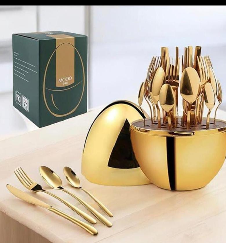 36pc Executive Egg-Shaped Cutlery Set Gold colour-9 Dinner Knives, 9 Dinner Forks, 9 Table Spoons, 9 Tea Spoons, 1 Egg shaped case image