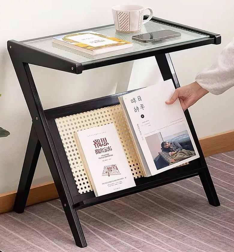 Modern Rattan & Glass Top Side Table / Bedside Table image