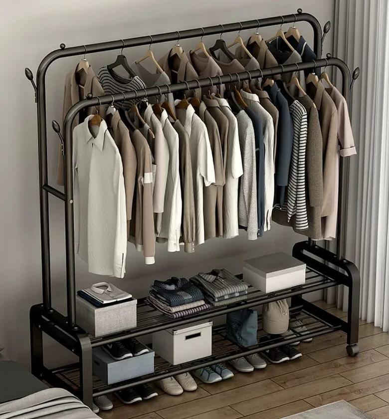 Heavy-Duty Double Rail Clothes Rack with Storage Shelves image