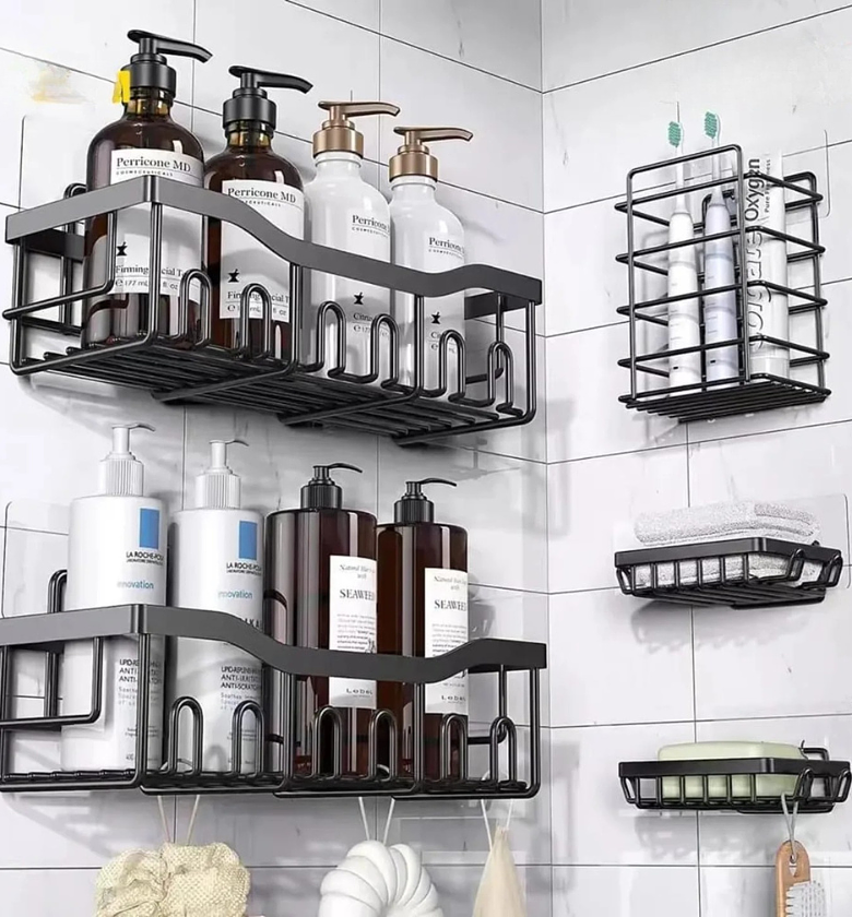 5-Piece Black Metal Rustproof No-Drill Bathroom Organizer Set image