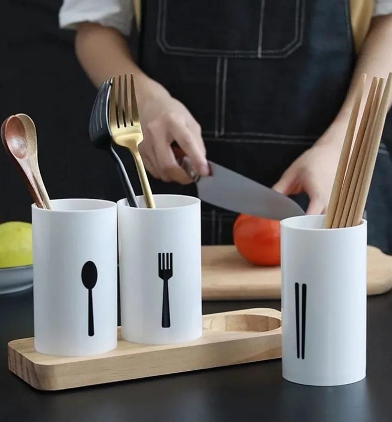 3-Piece Modern Cutlery Organizer with Oak Base & Drain Holes image