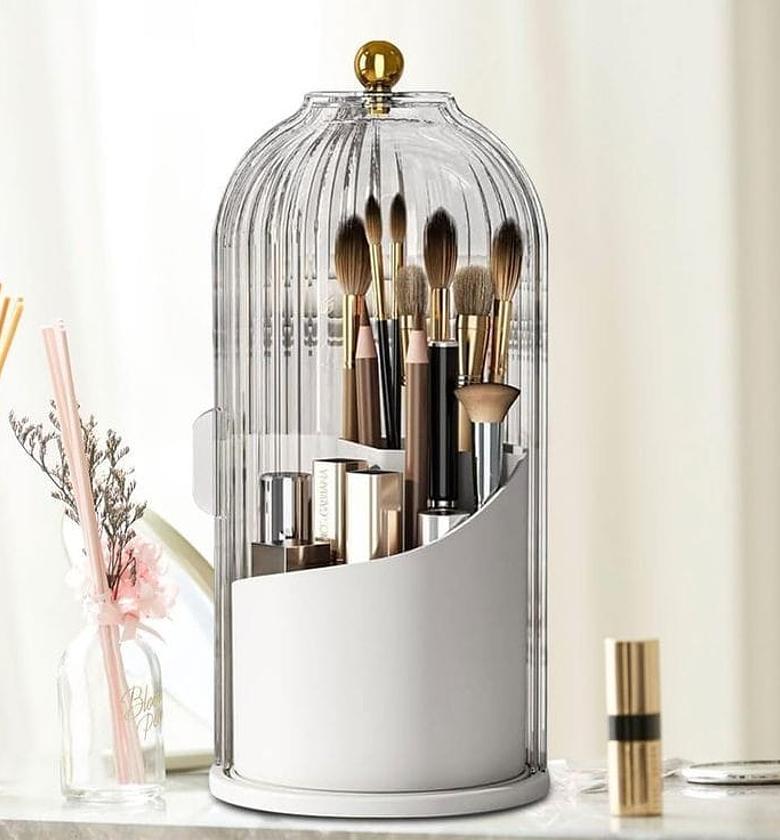 3-Tier Rotating Makeup Brush Organizer with Dust-Proof Transparent Lid image