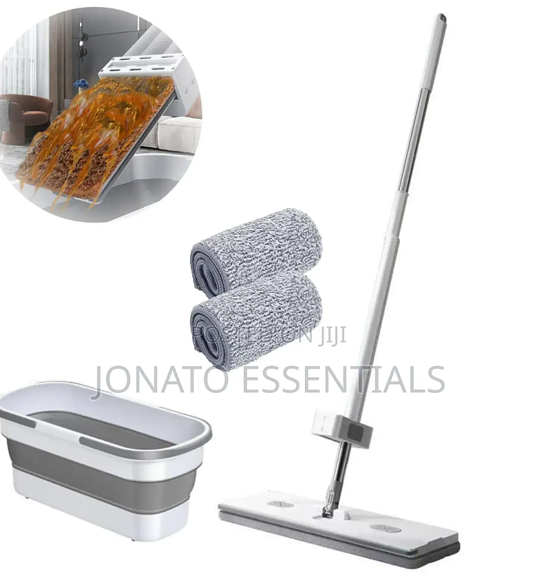 Self Wringing Hand Wash Free Flat Mop With Foldable Bucket image