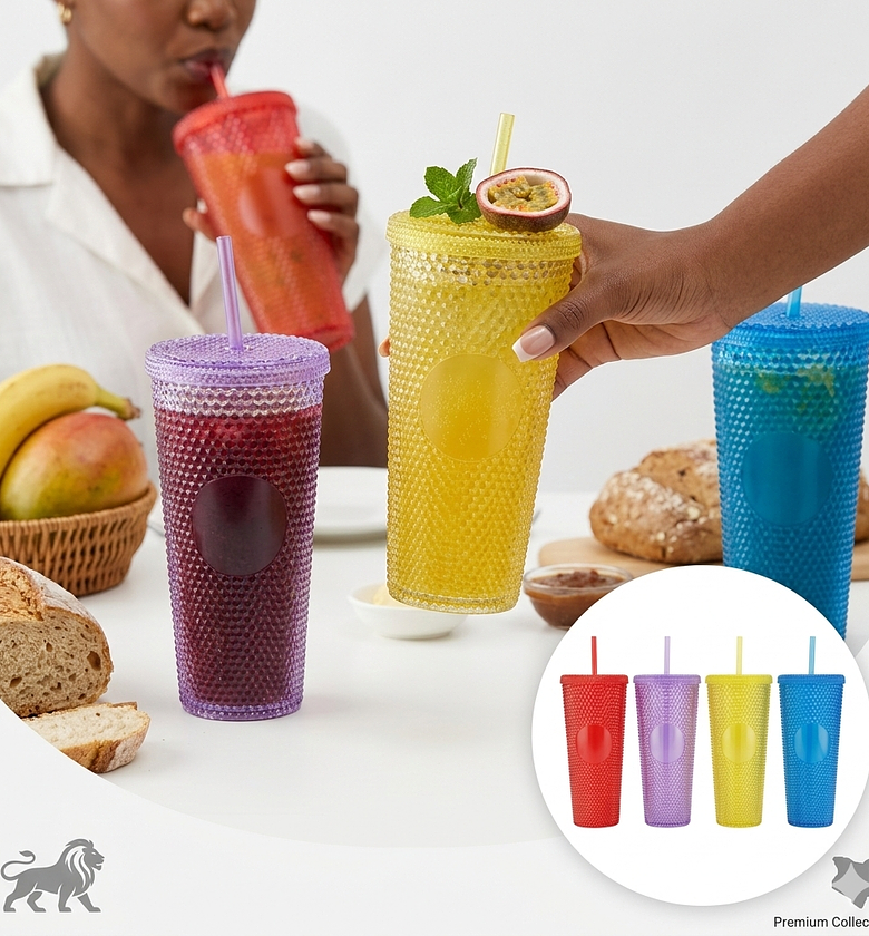 710ml Studded Grid Tumbler Cold Cup with Reusable Straw & Lid - 24oz BPA-Free Acrylic Water Bottle for Iced Coffee & Drinks image