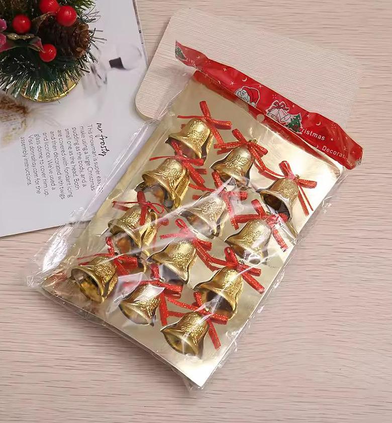 Gold Christmas Bells 12pcs with Red Ribbon Decorations image