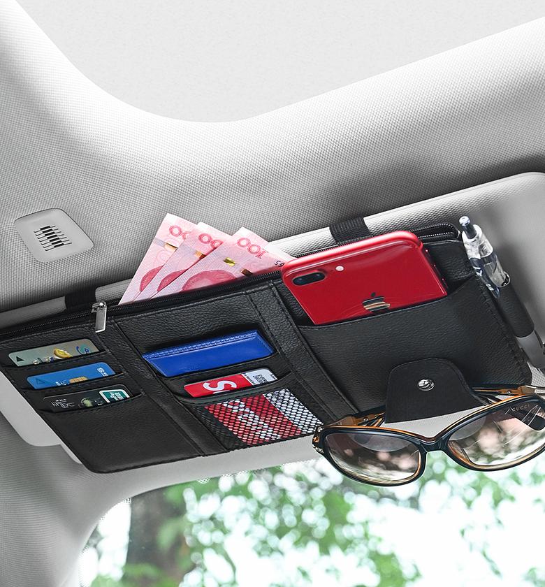 Universal Premium Leather Car Sun Visor Organizer with Card Slots & Sunglasses Holder - Multi-Pocket Storage Bag for All Cars image
