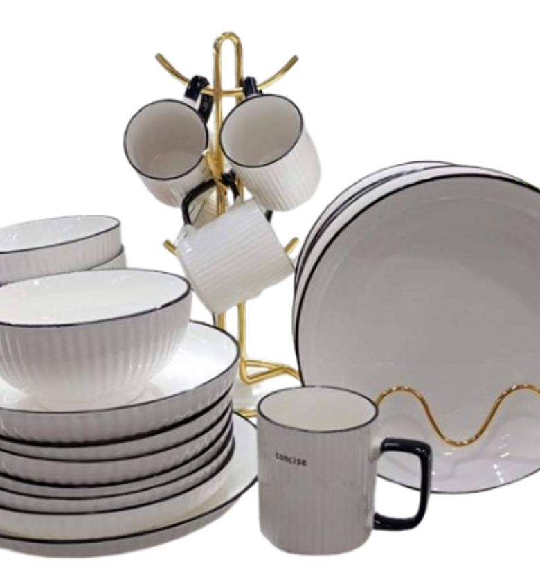 Japanese dinner set. Japanese Dinner Set.24 PCs Ceramic Dinner Set 6 PCs Mugs 6 PCs Dinner Plates 6 PCs Side Plates 6 PCs Bowls White image