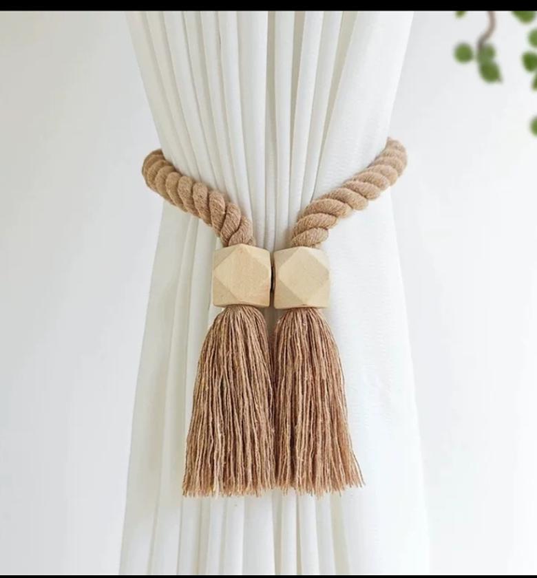 2pc Hand-woven solid wood magnetic knot curtain tiebacks with Boho style image