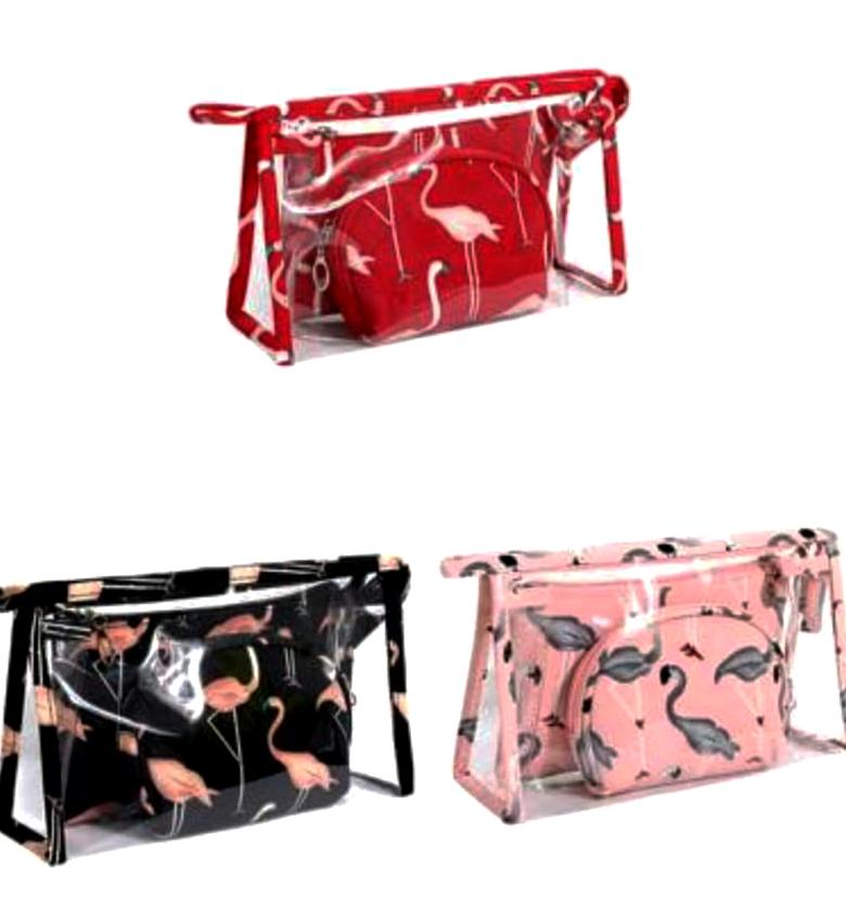 3-in-1 Transparent Flamingo Travel Makeup Bag Set image