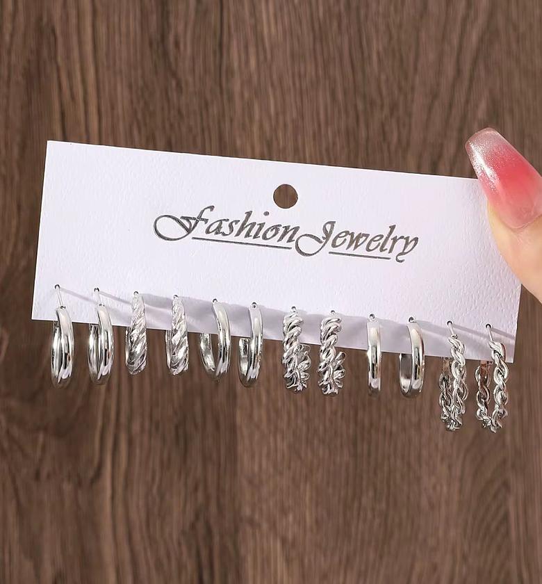 Silver Color Pearl Twist Hoop Earrings Set For Women Jewelry image