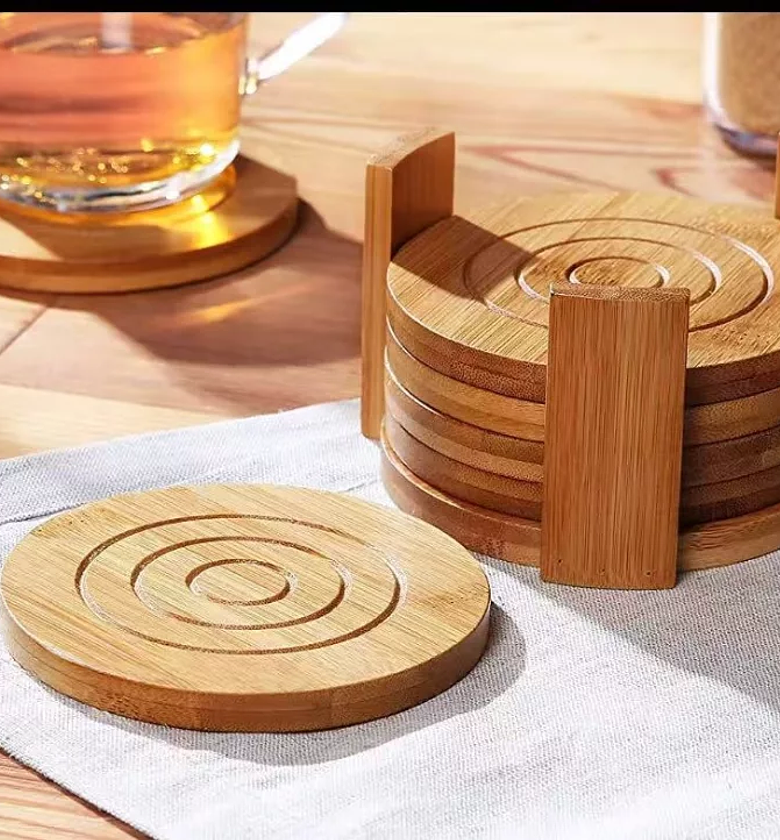 6PCS Round Bamboo Coaster Set image
