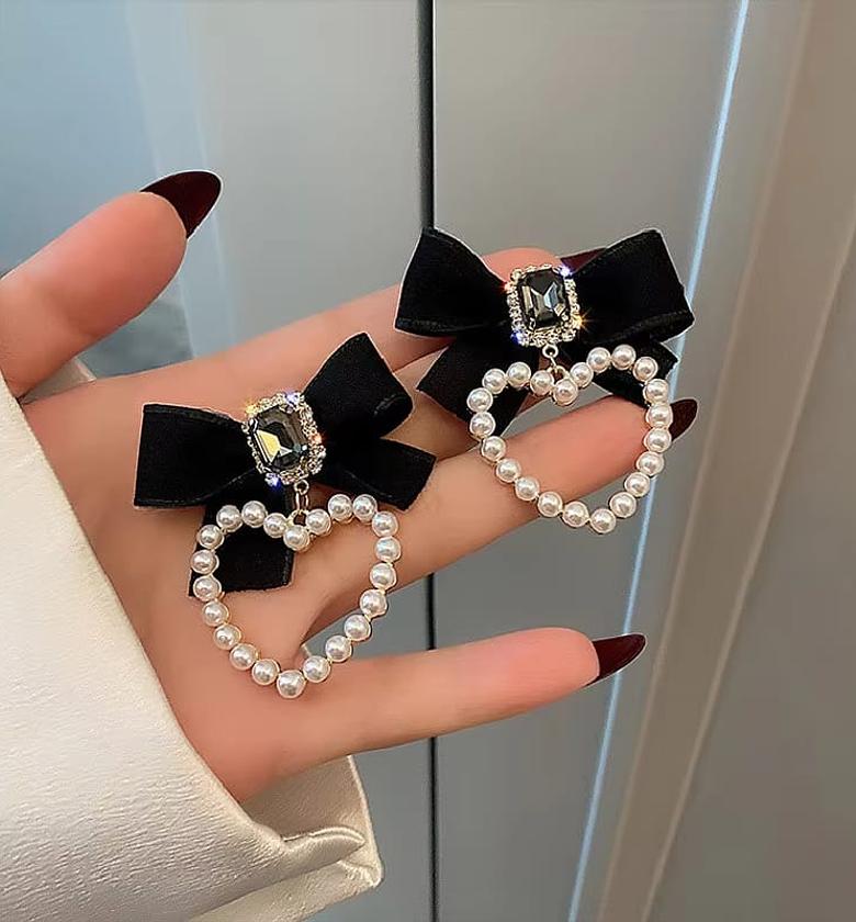 Crystal bow pearl earrings image