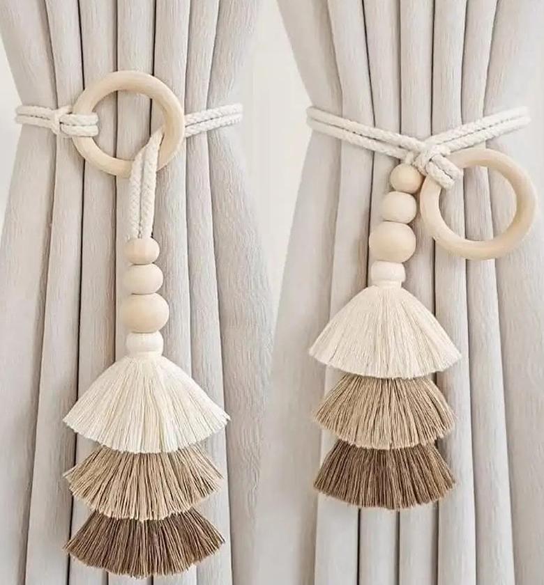 2pcs tassel curtain tie backs with wooden beads image