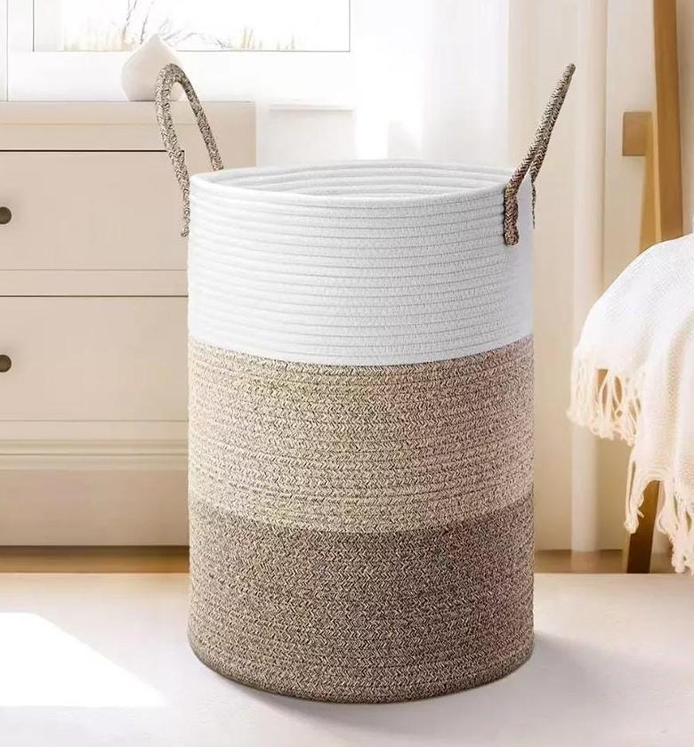 Cotton Rope Hand-woven large storage Basket with Handles. image