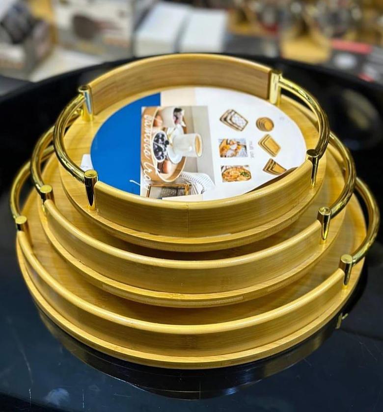 Nested Bamboo Serving Trays with Gilded Handles image