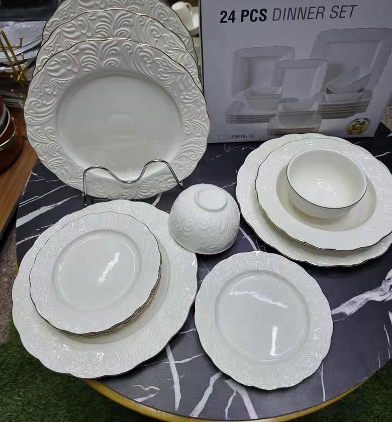 Nordic Embossed 24-Piece Porcelain Dinner Set with Gold Trim image
