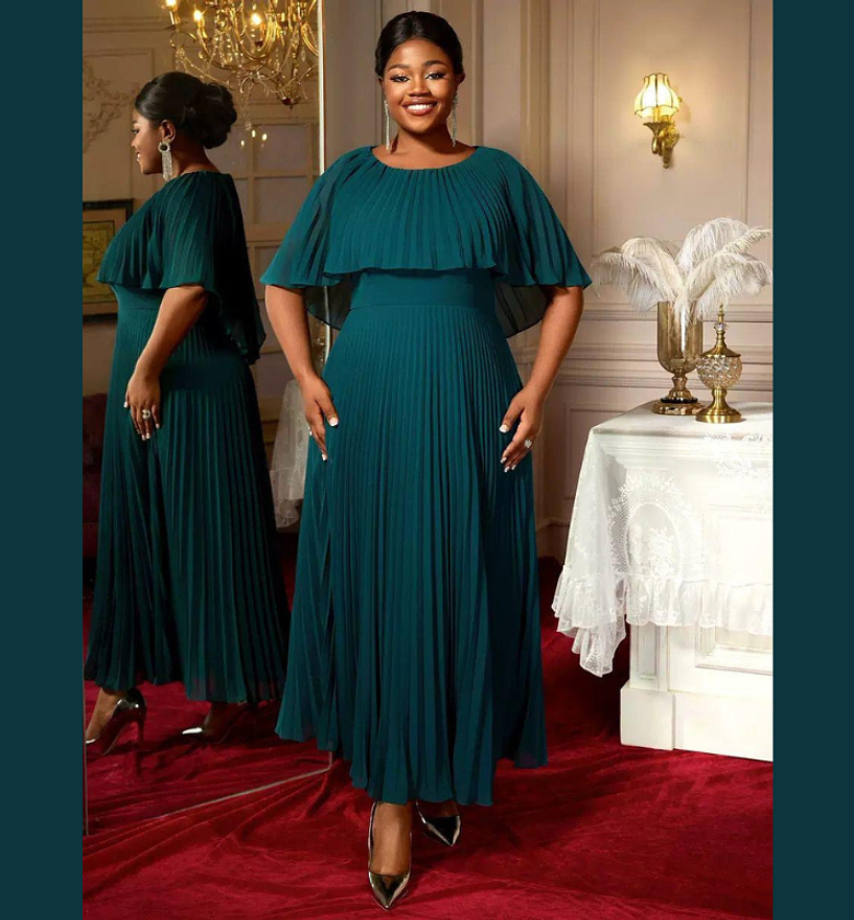 Emerald Cascade Pleated Chiffon Dress image