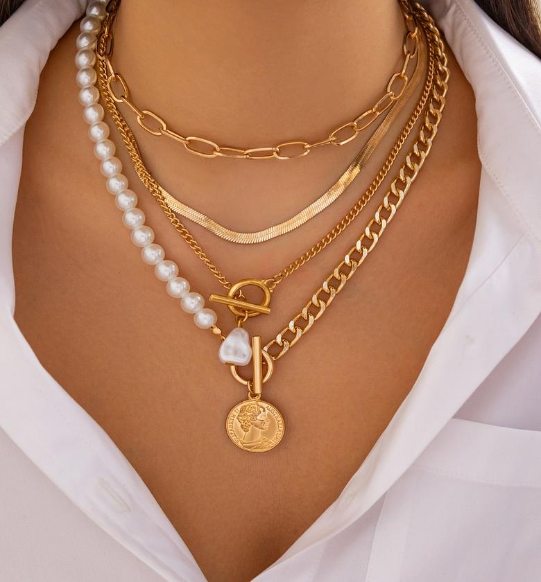 Layered Gold Pearl Necklace Set image