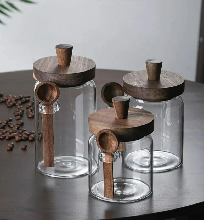 Modern Acacia & Glass Airtight Food Storage Jar Set with Integrated Spoon image