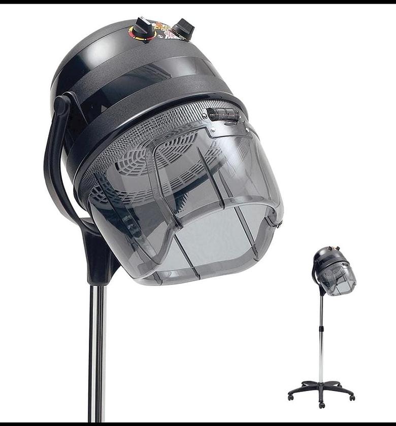 Professional hood hair dryer designed for salon use, featuring a stand for mobility and height adjustment. image