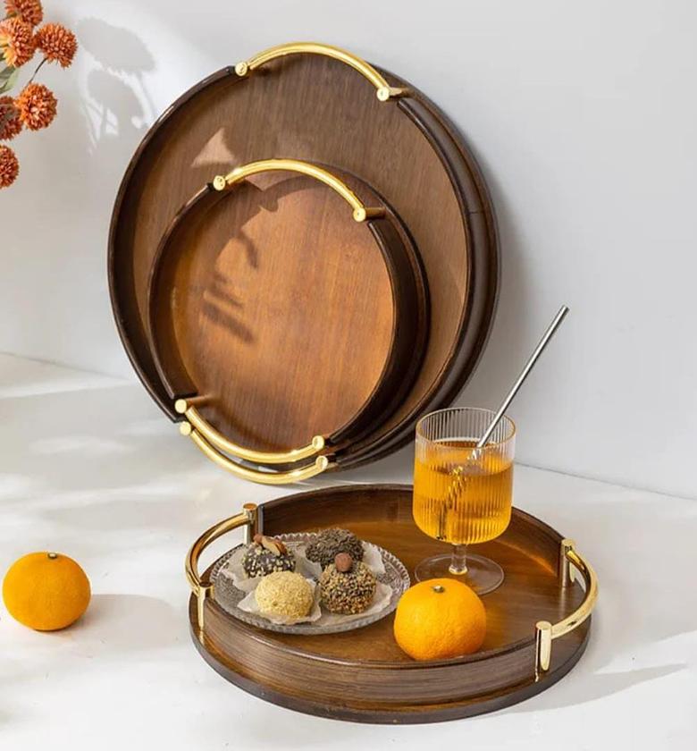 Elegant Nested Bamboo Serving Trays with Gilded Handles image