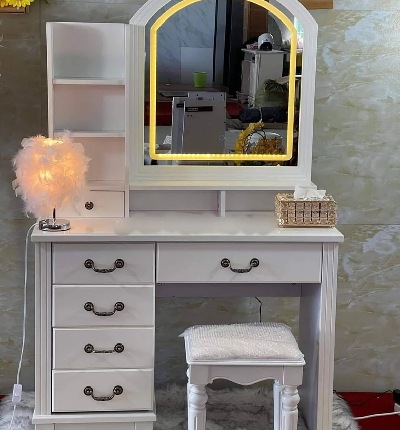 Elegant White Wooden Dressing Table with LED Illuminated Mirror image