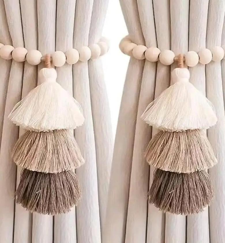 Magnetic curtain tie backs with wooden beads and tassel  2 pcs image