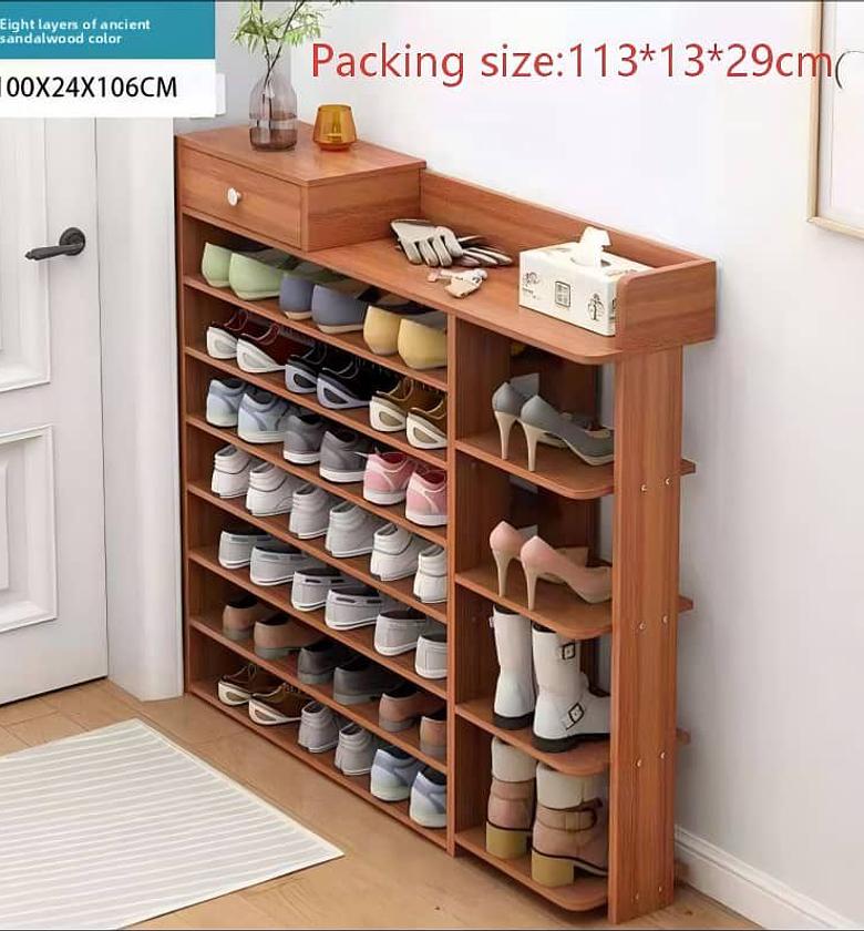 8-Tier Wooden Shoe Rack Organizer with Storage Drawer & Side Shelves – Slim Space-Saving Entryway Stand for High Heels & Boots image