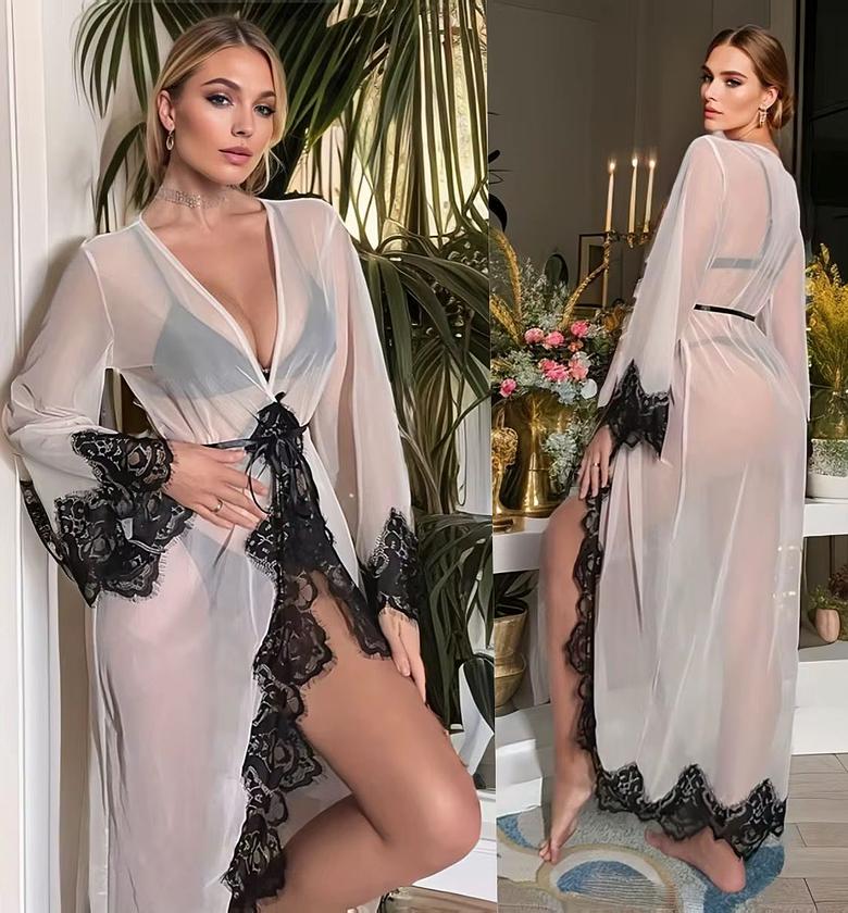 New Sexy Passion Temptation See-through Lace Mesh Long Bathrobe image
